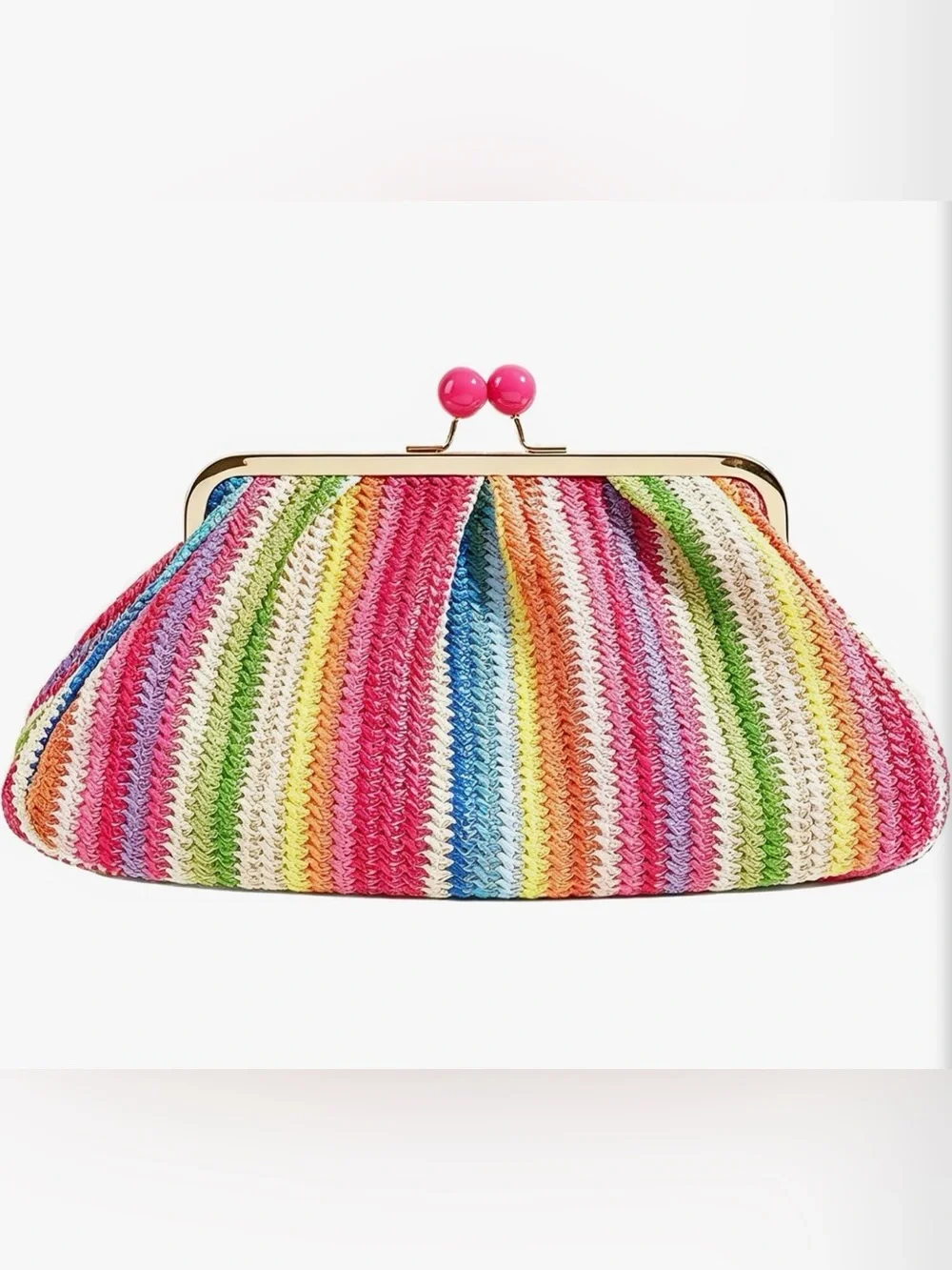 Striped Rainbow Knit Clutch with Pink Kiss-Lock